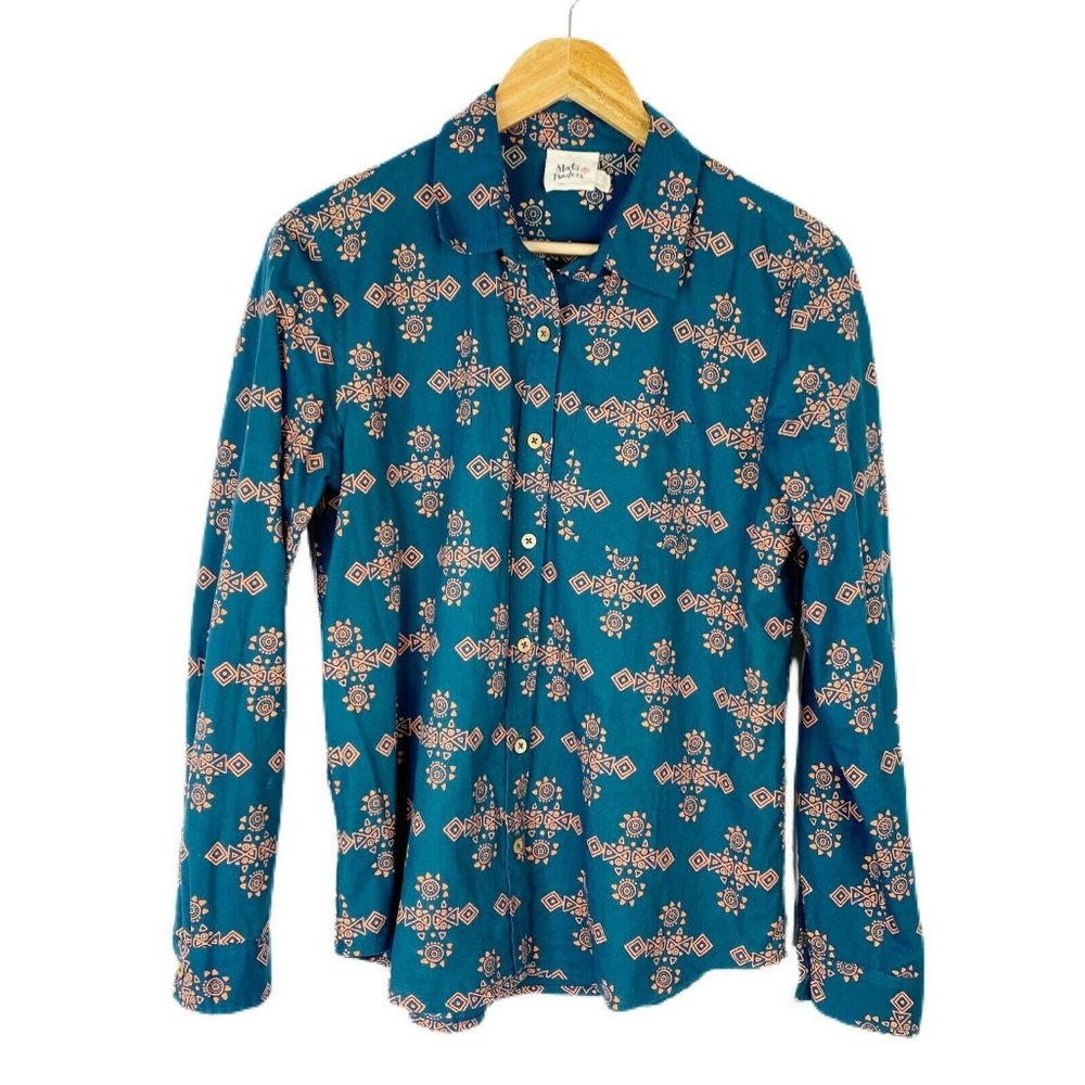 Mata Traders Womens Teal Blue Aztec Pattern Button Front Shirt Top Size Small